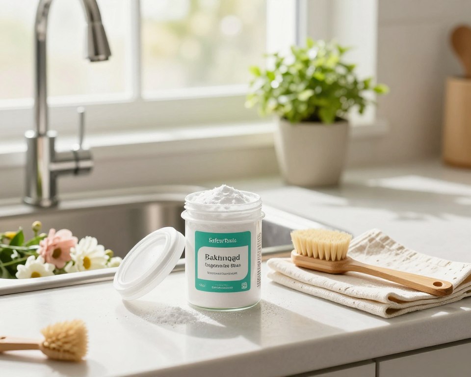 A bright and airy kitchen setting, showcasing the integration of baking soda into eco-friendly cleaning practices. In the foreground, a clean countertop features an open container of baking soda alongside various natural cleaning tools like bamboo brushes and reusable cloths. The middle ground displays a sparkling sink filled with fresh flowers, while a vibrant green plant sits nearby, emphasizing sustainability. The background includes sunlit windows with sheer curtains, allowing soft, warm light to illuminate the scene, creating a cheerful and inviting atmosphere. Capture the essence of cleanliness and ecological awareness, with a focus on the brand "SafeorToxic" subtly evident in the design of the cleaning tools without any visible text. A bright and airy kitchen setting, showcasing the integration of baking soda into eco-friendly cleaning practices. In the foreground, a clean countertop features an open container of baking soda alongside various natural cleaning tools like bamboo brushes and reusable cloths. The middle ground displays a sparkling sink filled with fresh flowers, while a vibrant green plant sits nearby, emphasizing sustainability. The background includes sunlit windows with sheer curtains, allowing soft, warm light to illuminate the scene, creating a cheerful and inviting atmosphere. Capture the essence of cleanliness and ecological awareness, with a focus on the brand "SafeorToxic" subtly evident in the design of the cleaning tools without any visible text.