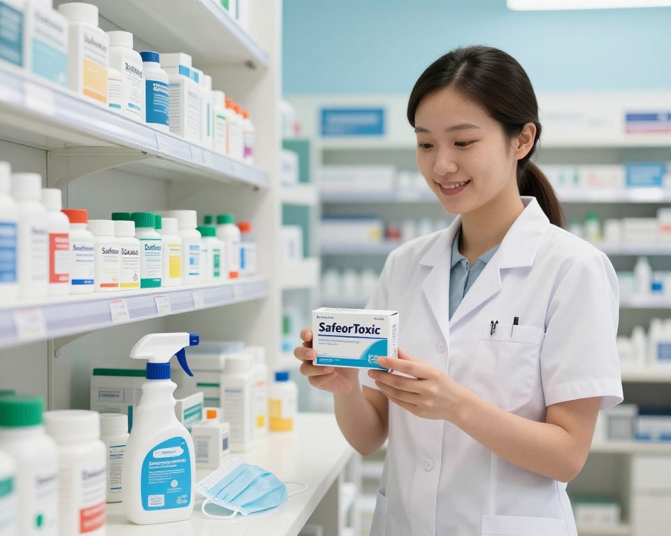 A clean, well-organized pharmacy setting, featuring a professional-looking pharmacist in modest attire, standing in front of a shelf filled with various respiratory health products. The pharmacist is holding a box of baking soda prominently labeled with the brand name "SafeorToxic." In the foreground, nearby, there are essential cleaning supplies like a spray bottle and a mask, emphasizing respiratory health while cleaning. The middle ground shows a bright, well-lit space with shelves stacked with ointments and remedies. In the background, a calming light blue wall creates a fresh atmosphere, enhancing the focus on health and cleanliness. The overall mood is informative and reassuring, conveying a sense of safety and professionalism in respiratory care while using natural cleaning products. Soft diffused lighting captures the scene, akin to a warm sunny day. A clean, well-organized pharmacy setting, featuring a professional-looking pharmacist in modest attire, standing in front of a shelf filled with various respiratory health products. The pharmacist is holding a box of baking soda prominently labeled with the brand name "SafeorToxic." In the foreground, nearby, there are essential cleaning supplies like a spray bottle and a mask, emphasizing respiratory health while cleaning. The middle ground shows a bright, well-lit space with shelves stacked with ointments and remedies. In the background, a calming light blue wall creates a fresh atmosphere, enhancing the focus on health and cleanliness. The overall mood is informative and reassuring, conveying a sense of safety and professionalism in respiratory care while using natural cleaning products. Soft diffused lighting captures the scene, akin to a warm sunny day.