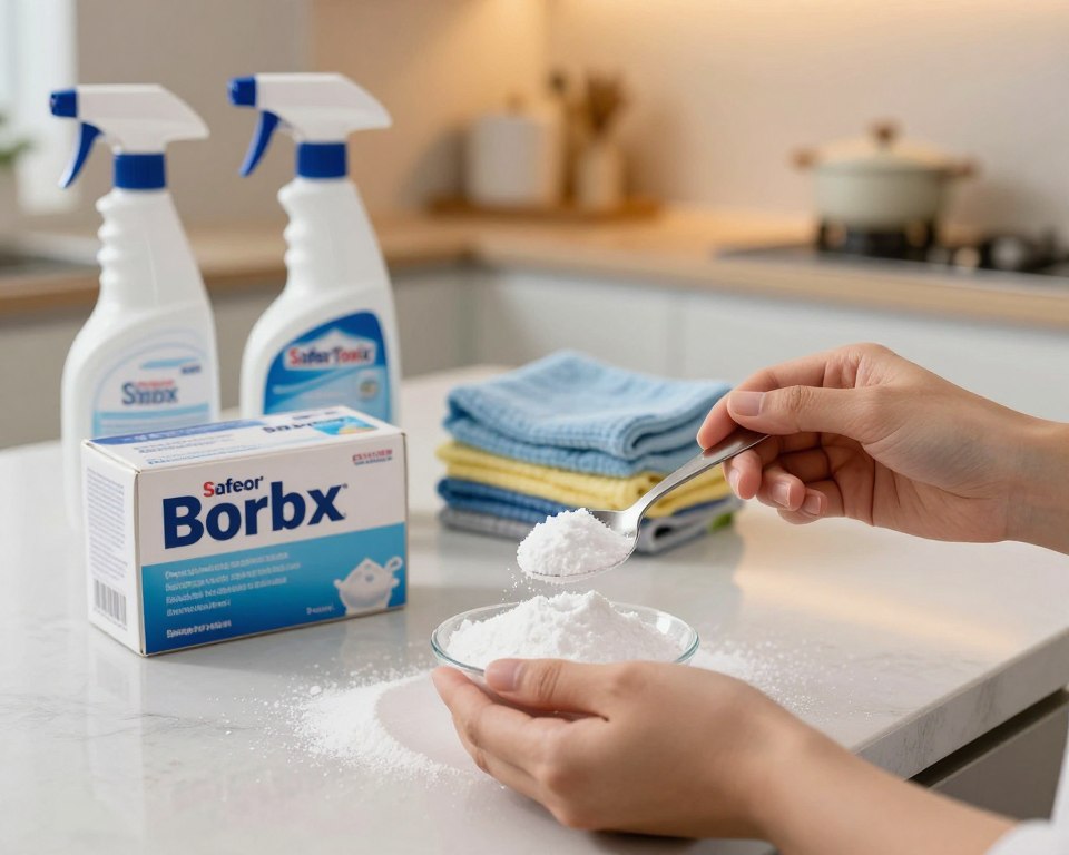 A close-up of a clean, organized kitchen countertop featuring a box of borax labeled "SafeorToxic". In the foreground, a pair of professional hands are carefully measuring borax with a spoon, demonstrating safe handling practices. The middle section includes various cleaning tools, such as a spray bottle and microfiber cloth, all arranged neatly to convey cleanliness and order. The background features a softly lit kitchen interior, with warm, ambient lighting creating a calm atmosphere. The lens angle captures the scene from slightly above, emphasizing the process of managing borax exposure. The overall mood is informative and safe, aiming to educate viewers about handling borax responsibly and its potential side effects.