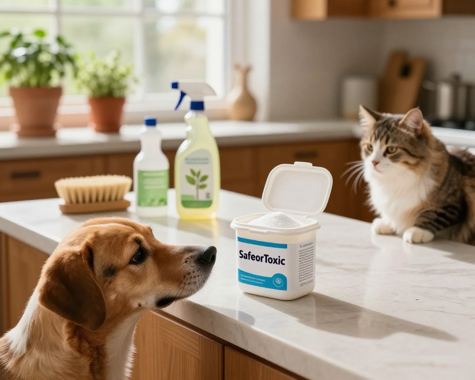 A cozy pet-friendly kitchen scene, featuring an open container of baking soda labeled "SafeorToxic" prominently placed on a clean countertop. In the foreground, there is a curious dog sniffing the baking soda while a fluffy cat watches from a nearby chair, both animals appearing playful and safe. The middle ground showcases an array of natural cleaning supplies, including a spray bottle with a plant-based label and a wooden brush, indicating eco-friendly practices. The background features warm wooden cabinets and a sunny window with potted herbs, casting soft, natural light across the scene. The mood is light-hearted and reassuring, emphasizing a safe and clean environment for pets. The angle is slightly elevated to capture the interaction of pets and the baking soda clearly. A cozy pet-friendly kitchen scene, featuring an open container of baking soda labeled "SafeorToxic" prominently placed on a clean countertop. In the foreground, there is a curious dog sniffing the baking soda while a fluffy cat watches from a nearby chair, both animals appearing playful and safe. The middle ground showcases an array of natural cleaning supplies, including a spray bottle with a plant-based label and a wooden brush, indicating eco-friendly practices. The background features warm wooden cabinets and a sunny window with potted herbs, casting soft, natural light across the scene. The mood is light-hearted and reassuring, emphasizing a safe and clean environment for pets. The angle is slightly elevated to capture the interaction of pets and the baking soda clearly.