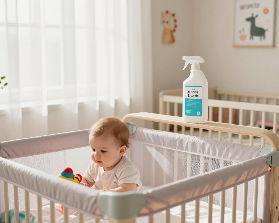 A serene and inviting indoor setting, showcasing a cozy nursery with soft pastel colors. In the foreground, a baby safely seated in a playpen with age-appropriate toys, wearing a cute onesie. Surrounding the playpen, a child-safe container of bleach clearly labeled and placed on a high shelf, out of reach. The middle ground features gentle sunlight streaming through sheer curtains, casting soft shadows across the room, emphasizing a sense of warmth and safety. In the background, calming wall decorations, such as whimsical animals and inspirational quotes. The overall mood is professional and informative, illustrating a safe environment with bleach positioned appropriately to highlight safety concerns. The image is bright and clear, taken with a slight angle to enhance depth, capturing the essence of child safety in a domestic space. A serene and inviting indoor setting, showcasing a cozy nursery with soft pastel colors. In the foreground, a baby safely seated in a playpen with age-appropriate toys, wearing a cute onesie. Surrounding the playpen, a child-safe container of bleach clearly labeled and placed on a high shelf, out of reach. The middle ground features gentle sunlight streaming through sheer curtains, casting soft shadows across the room, emphasizing a sense of warmth and safety. In the background, calming wall decorations, such as whimsical animals and inspirational quotes. The overall mood is professional and informative, illustrating a safe environment with bleach positioned appropriately to highlight safety concerns. The image is bright and clear, taken with a slight angle to enhance depth, capturing the essence of child safety in a domestic space.