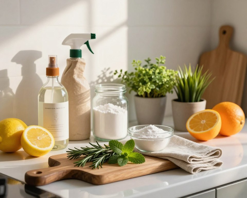 A serene kitchen countertop adorned with a variety of natural cleaning products, including spray bottles made from recycled materials, a bowl of white vinegar, and fresh citrus fruits like lemons and oranges. In the foreground, a rustic wooden cutting board features a handful of herbs, such as rosemary and mint, alongside a few cleaning cloths made from organic fabric. The middle ground showcases a stylish glass jar filled with baking soda and a small, vibrant potted plant. The background reveals soft, warm lighting filtering through a window, casting gentle shadows and highlighting the eco-friendly theme. The overall atmosphere is fresh, inviting, and health-conscious, reflecting a wholesome approach to household cleaning without harsh chemicals. A serene kitchen countertop adorned with a variety of natural cleaning products, including spray bottles made from recycled materials, a bowl of white vinegar, and fresh citrus fruits like lemons and oranges. In the foreground, a rustic wooden cutting board features a handful of herbs, such as rosemary and mint, alongside a few cleaning cloths made from organic fabric. The middle ground showcases a stylish glass jar filled with baking soda and a small, vibrant potted plant. The background reveals soft, warm lighting filtering through a window, casting gentle shadows and highlighting the eco-friendly theme. The overall atmosphere is fresh, inviting, and health-conscious, reflecting a wholesome approach to household cleaning without harsh chemicals.