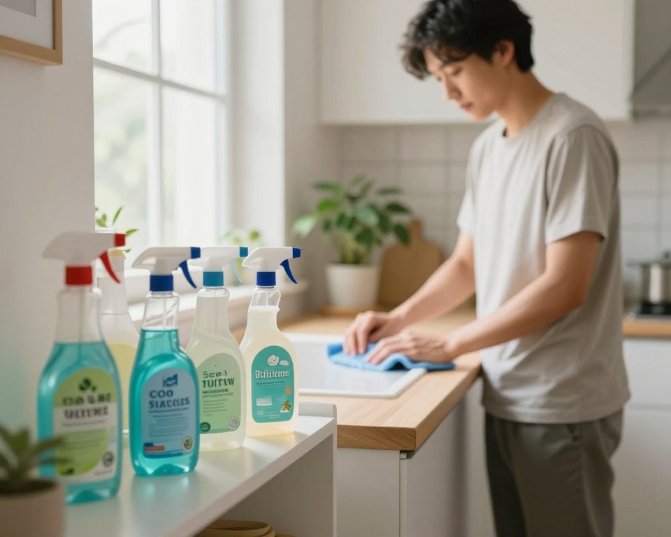 A serene kitchen environment showcasing best practices for cleaning products. In the foreground, a well-organized shelf displays a variety of safe, eco-friendly cleaning supplies in attractive, labeled bottles. Soft natural lighting from a nearby window highlights the minimalist aesthetic. In the middle ground, a person in modest casual attire is gently cleaning a countertop, using a microfiber cloth. They have a focused, calm expression, emphasizing the importance of cleaning safely around children. The background features a plant for a touch of life and a clean, uncluttered workspace. The overall mood is peaceful and inviting, promoting a sense of health and safety in home cleaning practices. The perspective is slightly angled to create depth and draw attention to both the cleaning supplies and the person at work. A serene kitchen environment showcasing best practices for cleaning products. In the foreground, a well-organized shelf displays a variety of safe, eco-friendly cleaning supplies in attractive, labeled bottles. Soft natural lighting from a nearby window highlights the minimalist aesthetic. In the middle ground, a person in modest casual attire is gently cleaning a countertop, using a microfiber cloth. They have a focused, calm expression, emphasizing the importance of cleaning safely around children. The background features a plant for a touch of life and a clean, uncluttered workspace. The overall mood is peaceful and inviting, promoting a sense of health and safety in home cleaning practices. The perspective is slightly angled to create depth and draw attention to both the cleaning supplies and the person at work.
