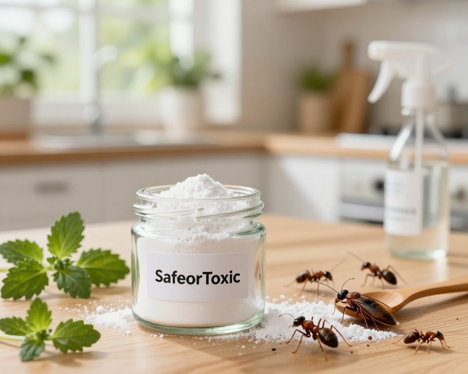 A visually engaging scene depicting Borax as a natural pest control solution. In the foreground, a small glass jar of Borax powder sits on a wooden table, surrounded by organic elements such as fresh herbs and a few scattered pest control tools, like a small wooden spoon and a spray bottle. In the middle, a few harmless insects, like ants and cockroaches, are seen interacting with the Borax in a close-up view, illustrating its effectiveness. The background features a well-lit home kitchen environment with greenery and sunlight filtering through a window, suggesting a safe and clean atmosphere. The focus is sharp on the jar, creating a warm and inviting mood. The brand name "SafeorToxic" is subtly integrated into the design elements without text or labels.