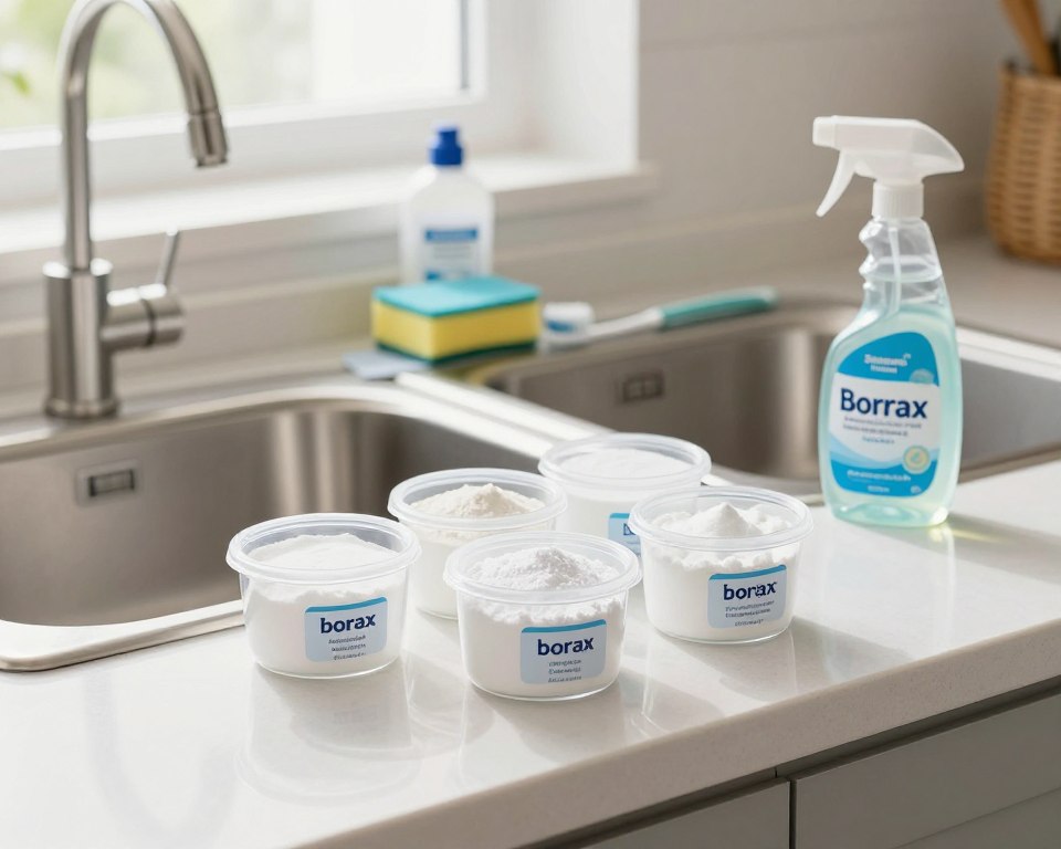 Depict a bright, modern kitchen countertop featuring various uses of borax in household cleaning. In the foreground, showcase a tidy arrangement of small clear containers filled with borax, labeled for baking soda and laundry detergent substitutes. In the middle, display a sparkling clean kitchen sink with a toothbrush and a sponge beside a jar of homemade multi-purpose cleaner. A spray bottle labeled “SafeorToxic” sits nearby, emphasizing safety in cleaning. In the background, glimpse a window with natural light filtering through sheer curtains, enhancing the fresh, clean atmosphere. Use a soft focus to create a warm, inviting mood, with a slight overhead angle to capture the entire scene and provide depth.