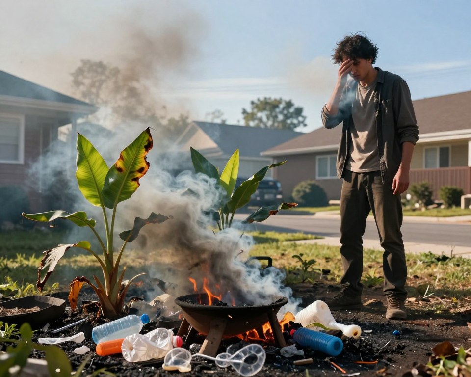 A backyard scene depicting the dangers of burning plastic waste. In the foreground, there is a small, makeshift fire pit surrounded by scattered plastic items melting and emitting dark, toxic smoke. A concerned person in modest casual clothing stands nearby, shielding their face from the acrid fumes, with a worried expression. In the middle ground, a few bright green plants show signs of distress, with curling leaves and discoloration, emphasizing the harmful impact of the smoke. The background features a suburban neighborhood with smoke rising against a clear blue sky, contrasting the toxic scene. The lighting is warm yet ominous, casting shadows that enhance the atmosphere of worry and danger, captured at eye level to convey an urgent message. The image should evoke a sense of caution and awareness.