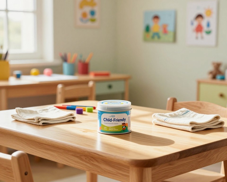 A beautiful and inviting scene showcasing child-friendly furniture wax in a cozy home environment. In the foreground, a wooden table with a gleaming surface, reflecting warm sunlight pouring in through a nearby window. A colorful tin of furniture wax labeled “Child-Friendly” sits prominently, surrounded by soft, natural cleaning cloths. In the middle, a playful, well-organized workspace featuring bright, non-toxic art supplies, indicating a child-friendly atmosphere. In the background, soft pastel-colored walls adorned with artwork, and a few cheerful children's toys hint at family life. The mood is bright and cheerful, evoking a sense of safety and warmth. Use soft, natural lighting to create an inviting and serene ambiance, shot from a slight angle to emphasize the furniture surface.