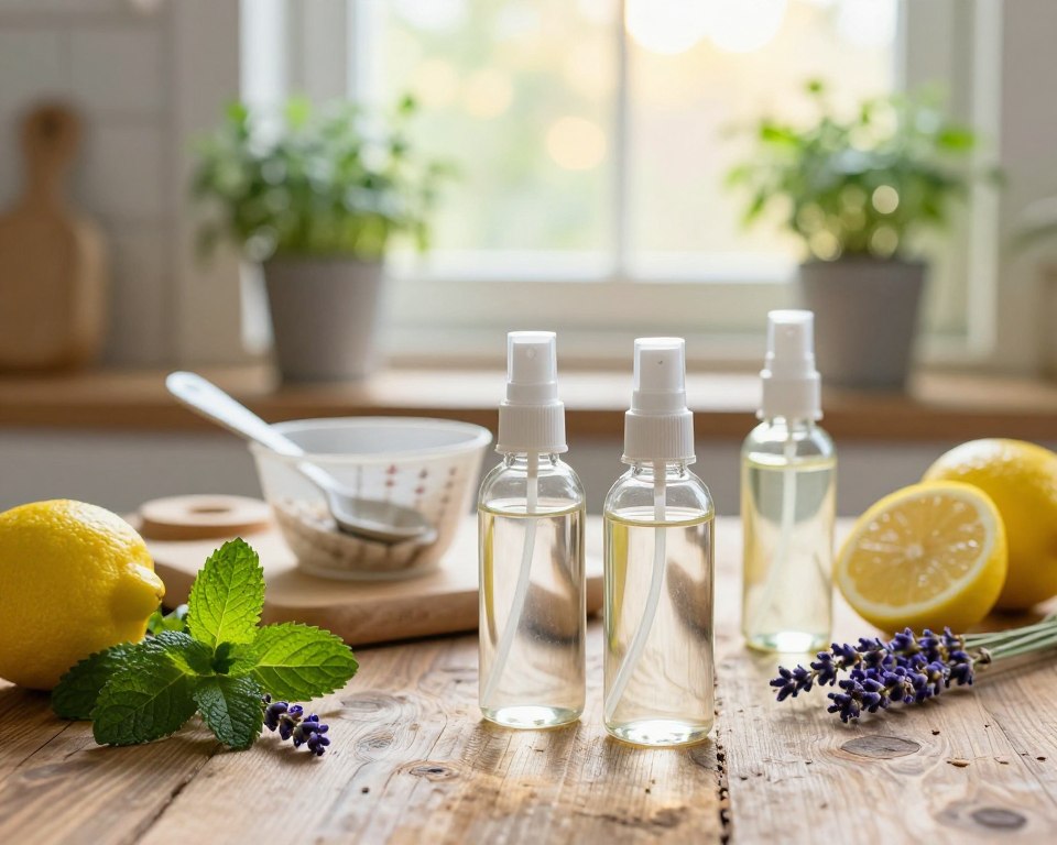 A beautifully arranged DIY natural fabric odor eliminator setup on a rustic wooden table. In the foreground, there are glass spray bottles filled with clear liquid, alongside vibrant ingredients like fresh lemons, sprigs of mint, and lavender. The middle layer features an assortment of measuring cups and spoons, hinting at a crafting process. In the background, soft sunlight filters through a kitchen window, casting a warm glow and illuminating a few potted herbs. The overall atmosphere is fresh and inviting, evoking a sense of home and natural wellness. The scene should be shot at a slight angle, focusing on the spray bottles, with a shallow depth of field to create a soft bokeh effect, giving a dreamy aesthetic without any text or distractions.