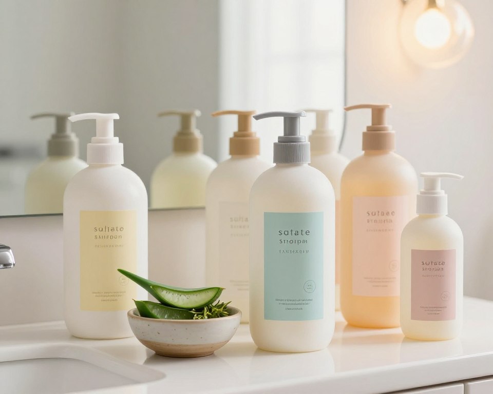 A beautifully arranged bathroom vanity showcasing a variety of sulfate-free shampoos specifically designed for sensitive scalps. In the foreground, place several elegant shampoo bottles with soft, pastel-colored labels, exuding a sense of calm and comfort. The middle ground features a small bowl of natural ingredients like aloe vera and chamomile, emphasizing the gentle nature of the products. In the background, a softly blurred light provides a warm, inviting atmosphere, creating a serene environment. The overall lighting is bright yet soft, enhancing the soothing feel of the scene. The image captures a sense of tranquility and care, ideal for individuals seeking the best solutions for sensitive scalp needs.