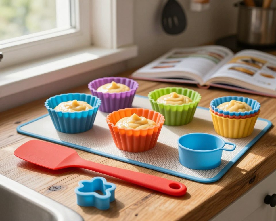 A beautifully arranged collection of colorful silicone baking tools, including mats, molds, and spatulas, set on a rustic wooden kitchen countertop. In the foreground, a vibrant red silicone spatula and a quirky cookie mold are elegantly placed next to measuring cups. The middle showcases a variety of silicone muffin cups in assorted colors, filled with realistic-looking batter, glistening under soft, natural sunlight streaming in through a nearby window. In the background, an open cookbook provides a warm, inviting ambiance with a hint of kitchen utensils hanging on the wall. The scene captures a cozy, homey feel, exuding safety and warmth, perfect for a baking enthusiast. The focus is sharp, with a slight bokeh effect on the background to emphasize the baking tools.