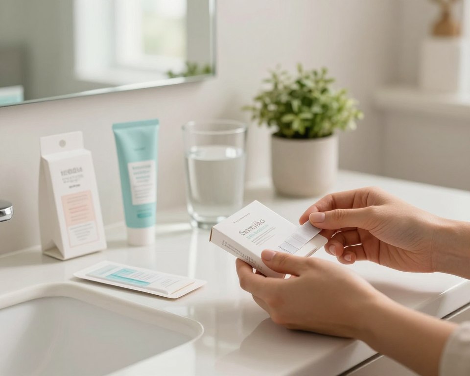 A beautifully arranged countertop featuring an assortment of safe teeth whitening products, such as whitening strips and natural whitening gels, placed in elegant, eco-friendly packaging. In the foreground, focus on a pair of hands gently holding a box of whitening strips, with a serene expression of care. In the middle ground, an open space showcases a glass of water and a small potted plant, emphasizing natural wellness. The background features a soft, blurred bathroom setting with warm natural light streaming through a window, creating a calm and inviting atmosphere. Use a shallow depth of field to draw attention to the products, while keeping the overall image bright and soothing, reflecting the essence of safe dental care for individuals with sensitive gums.