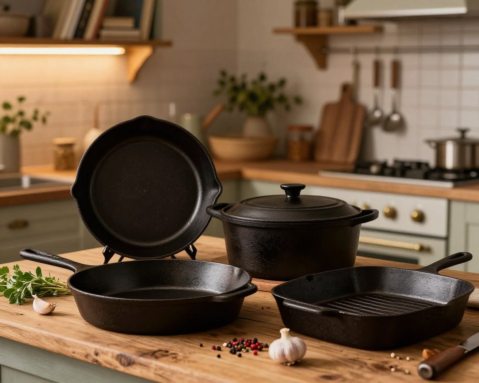 A beautifully arranged display of cast iron cookware including a skillet, Dutch oven, and grill pan, positioned prominently in the foreground on a rustic wooden kitchen table. The cookware features a well-seasoned, deep black surface with a slight sheen, showcasing its texture. In the middle ground, a gently lit, vintage-style kitchen with warm, ambient lighting creates a cozy atmosphere, with ingredients like fresh herbs, garlic, and spices artistically scattered around the cookware. The background features shelves filled with cookbooks and hanging utensils, softening the scene with a homey feel. The overall mood is inviting and warm, accentuating the allure of cooking with cast iron while hinting at an informative, contemplative tone regarding safety and care. Use a shallow depth of field to focus on the cookware, subtly blurring the background for emphasis. A beautifully arranged display of cast iron cookware including a skillet, Dutch oven, and grill pan, positioned prominently in the foreground on a rustic wooden kitchen table. The cookware features a well-seasoned, deep black surface with a slight sheen, showcasing its texture. In the middle ground, a gently lit, vintage-style kitchen with warm, ambient lighting creates a cozy atmosphere, with ingredients like fresh herbs, garlic, and spices artistically scattered around the cookware. The background features shelves filled with cookbooks and hanging utensils, softening the scene with a homey feel. The overall mood is inviting and warm, accentuating the allure of cooking with cast iron while hinting at an informative, contemplative tone regarding safety and care. Use a shallow depth of field to focus on the cookware, subtly blurring the background for emphasis.