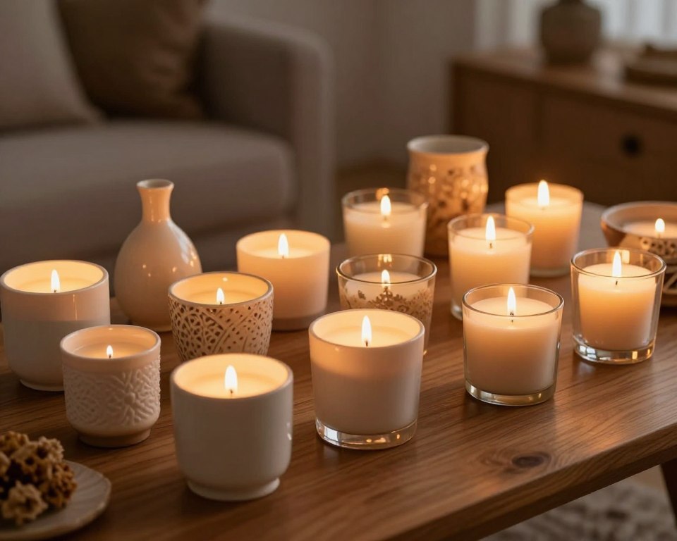 A beautifully arranged display of traditional candle vessels showcasing their stability. In the foreground, a variety of sturdy ceramic and glass candle holders in different shapes and sizes, some with intricate designs, others simple and elegant. In the middle, lit candles casting a warm, inviting glow, their wax pooling safely within the vessels. The background features a softly lit wooden table and a few decorative elements like dried flowers or natural textures, enhancing the cozy atmosphere. Use soft, diffused lighting to create a peaceful setting, as if in a tranquil living room. The angle should capture the depth of the arrangement, focusing on the vessels’ sturdiness and aesthetic appeal, evoking a sense of warmth and safety.