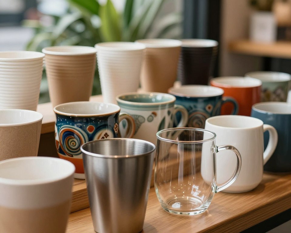 A beautifully arranged display of various coffee cups made from different safe materials, including biodegradable plastics, stainless steel, glass, and ceramic. The foreground features a sleek, modern stainless steel cup with a matte finish, paired with a translucent glass mug showcasing its elegant curves. In the middle ground, colorful ceramic mugs with artistic designs are positioned among eco-friendly plastic cups, emphasizing their unique textures and colors. The background is softly blurred, with hints of lush greenery to evoke an outdoor café setting, all under warm, natural lighting that creates a welcoming, cozy atmosphere. Capture the scene with a shallow depth of field, focusing on the materials while still hinting at an inviting environment for coffee lovers.