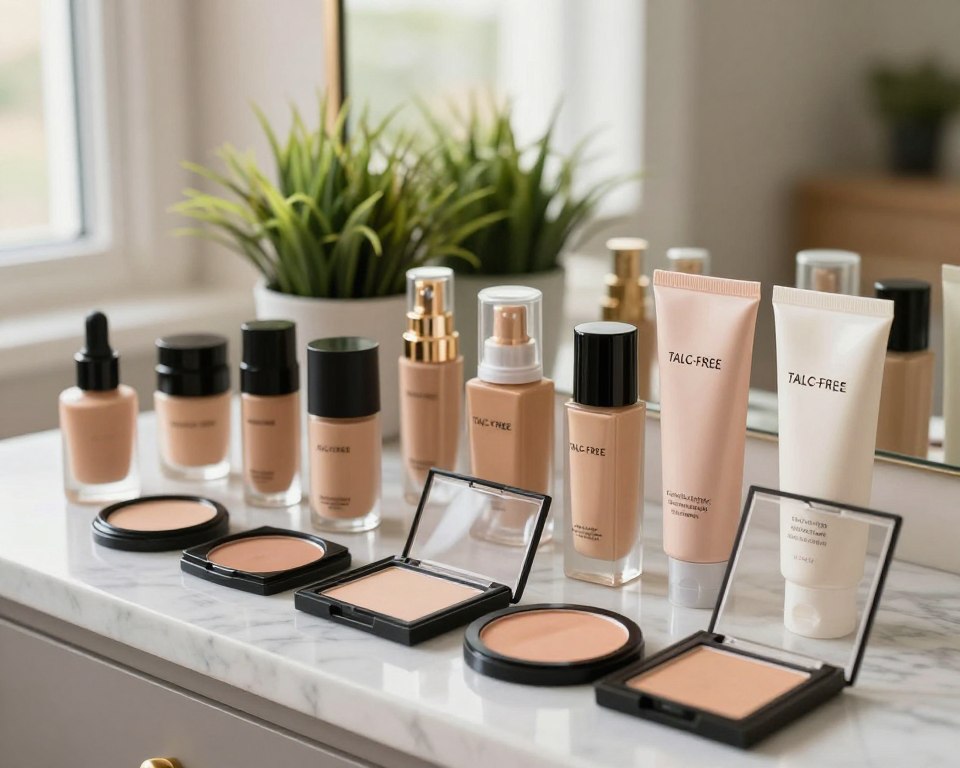 A beautifully arranged display of various talc-free makeup products in an elegant and inviting setting. In the foreground, a variety of makeup items such as foundations, powders, and blushes, all clearly labeled as talc-free, are artistically placed on a marble vanity. The middle ground features subtle greenery, like a small potted plant, adding a touch of freshness. In the background, soft, diffused daylight streams in through a window, creating a warm and cozy atmosphere. The scene is shot from a slightly elevated angle, highlighting the texture of the makeup packaging and the sheen of the products. The mood is clean, professional, and soothing, emphasizing health-conscious beauty choices.