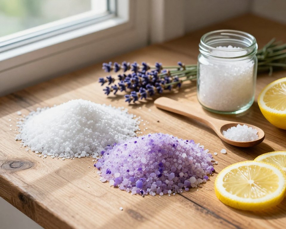 A beautifully arranged flat lay of key ingredients for homemade laundry detergent, featuring bright white borax, colorful washing soda, and a bar of soap grated into fine flakes. Include a wooden spoon and a glass jar filled with sea salt, all atop a rustic wooden countertop. In the background, soft sunlight filters in through a nearby window, casting gentle shadows and creating a warm, inviting atmosphere. Incorporate a few sprigs of fragrant lavender and fresh lemon slices for a natural touch. Capture the scene from an overhead angle with a shallow depth of field to emphasize the textures and colors of the ingredients, evoking a sense of DIY creativity and environmental awareness. A beautifully arranged flat lay of key ingredients for homemade laundry detergent, featuring bright white borax, colorful washing soda, and a bar of soap grated into fine flakes. Include a wooden spoon and a glass jar filled with sea salt, all atop a rustic wooden countertop. In the background, soft sunlight filters in through a nearby window, casting gentle shadows and creating a warm, inviting atmosphere. Incorporate a few sprigs of fragrant lavender and fresh lemon slices for a natural touch. Capture the scene from an overhead angle with a shallow depth of field to emphasize the textures and colors of the ingredients, evoking a sense of DIY creativity and environmental awareness.