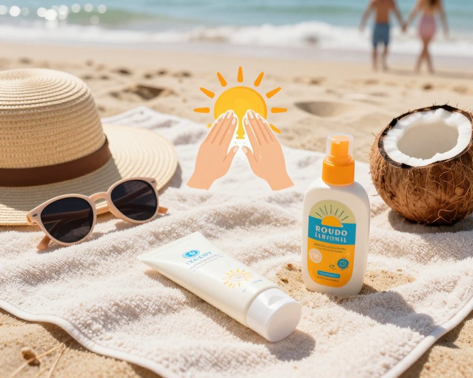 A beautifully arranged flat lay of sun protection essentials on a sandy beach towel. In the foreground, there's a tube of mineral sunscreen featuring a clean, modern design, accompanied by a bottle of chemical sunscreen with a vibrant label. Scattered around are a pair of stylish sunglasses, a sun hat with a wide brim, and a refreshing drink in a coconut. In the middle ground, we'll see a sunblock application graphic, illustrating the importance of proper application techniques. The background features a bright, sunny day with soft waves lapping at the shore, and distant people enjoying the beach, dressed in casual summer attire. The composition should be warm and inviting, with natural lighting emphasizing the sun's glow, creating a relaxed and informative atmosphere focused on sun safety.