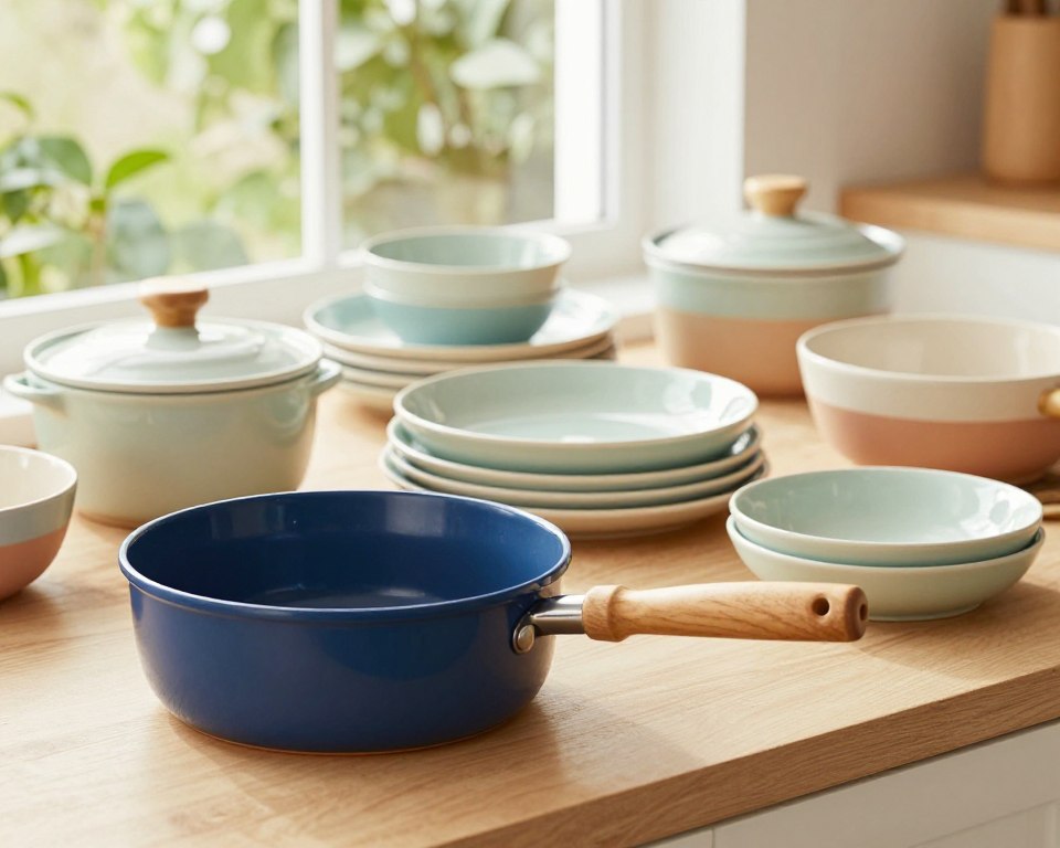 A beautifully arranged kitchen countertop featuring a variety of non-toxic ceramic cookware pieces, including pots, pans, and baking dishes, all showcasing vibrant, earthy colors and smooth finishes. In the foreground, a glossy, deep blue ceramic saucepan with a wooden handle gleams under warm, natural lighting. The middle ground includes a neatly stacked set of pastel-colored bowls and plates, reflecting a minimalist aesthetic. In the background, soft greenery peeks through an open kitchen window, enhancing the fresh, inviting atmosphere. The scene is shot from a slight angle to showcase the cookware's craftsmanship and texture. The mood is calm and serene, emphasizing health and safety in cooking. A beautifully arranged kitchen countertop featuring a variety of non-toxic ceramic cookware pieces, including pots, pans, and baking dishes, all showcasing vibrant, earthy colors and smooth finishes. In the foreground, a glossy, deep blue ceramic saucepan with a wooden handle gleams under warm, natural lighting. The middle ground includes a neatly stacked set of pastel-colored bowls and plates, reflecting a minimalist aesthetic. In the background, soft greenery peeks through an open kitchen window, enhancing the fresh, inviting atmosphere. The scene is shot from a slight angle to showcase the cookware's craftsmanship and texture. The mood is calm and serene, emphasizing health and safety in cooking.