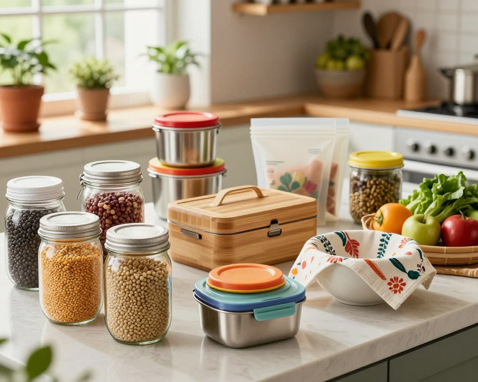 A beautifully arranged kitchen countertop showcasing a variety of eco-friendly food storage alternatives. In the foreground, prominently feature glass mason jars filled with colorful grains and legumes, stainless steel containers with vibrant lids, and cloth food wraps artfully draped over bowls. In the middle, a bamboo lunch box and a stack of reusable silicone bags are elegantly placed, while fresh vegetables and fruits add a pop of color. The background portrays a well-lit kitchen scene with natural light filtering through a window, plants in pots adding a touch of greenery, and wooden shelves displaying more sustainable items. The atmosphere is warm and inviting, promoting eco-conscious choices and healthy living, captured with a soft focus for a cozy feel. The angle is slightly overhead, providing a comprehensive view of the arrangement.