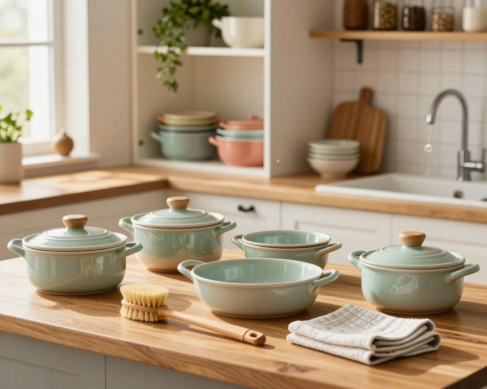 A beautifully arranged kitchen scene focusing on ceramic cookware cleaning and storage tips. In the foreground, a polished wooden countertop displays various ceramic pots and pans, some with lids, neatly organized alongside natural cleaning tools like a bamboo brush and eco-friendly cloths. In the middle ground, an open cupboard shows a tidy display of colorful ceramic cookware, while a clean sink with gentle soap bubbles adds to the scene. The background features soft-focus kitchen shelves adorned with herbs and spices, contributing to a cozy, health-conscious atmosphere. The lighting is warm and inviting, with sunlight streaming through a nearby window, creating soft shadows that enhance the textures of the ceramics. The overall mood is fresh and organized, reflecting a commitment to cleanliness and health. A beautifully arranged kitchen scene focusing on ceramic cookware cleaning and storage tips. In the foreground, a polished wooden countertop displays various ceramic pots and pans, some with lids, neatly organized alongside natural cleaning tools like a bamboo brush and eco-friendly cloths. In the middle ground, an open cupboard shows a tidy display of colorful ceramic cookware, while a clean sink with gentle soap bubbles adds to the scene. The background features soft-focus kitchen shelves adorned with herbs and spices, contributing to a cozy, health-conscious atmosphere. The lighting is warm and inviting, with sunlight streaming through a nearby window, creating soft shadows that enhance the textures of the ceramics. The overall mood is fresh and organized, reflecting a commitment to cleanliness and health.
