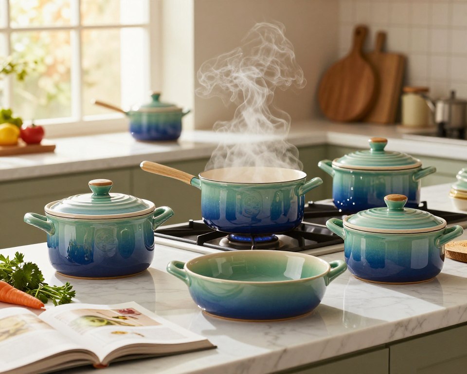 A beautifully arranged kitchen scene showcasing various ceramic cookware pieces, including pots, pans, and baking dishes, all exhibiting glossy, vibrant glazes in shades of blue and green. In the foreground, a pristine white marble countertop displays some fresh vegetables and herbs next to an open cookbook, hinting at culinary creativity. The middle ground features a spacious stove area where a ceramic pot simmers gently, steam rising in a soft, inviting manner. In the background, a sunlit window filters in warm, golden light that casts soft shadows, creating a cozy atmosphere. The overall mood is one of warmth, safety, and health, highlighting the beauty and functional benefits of ceramic cookware in a homey kitchen environment. A beautifully arranged kitchen scene showcasing various ceramic cookware pieces, including pots, pans, and baking dishes, all exhibiting glossy, vibrant glazes in shades of blue and green. In the foreground, a pristine white marble countertop displays some fresh vegetables and herbs next to an open cookbook, hinting at culinary creativity. The middle ground features a spacious stove area where a ceramic pot simmers gently, steam rising in a soft, inviting manner. In the background, a sunlit window filters in warm, golden light that casts soft shadows, creating a cozy atmosphere. The overall mood is one of warmth, safety, and health, highlighting the beauty and functional benefits of ceramic cookware in a homey kitchen environment.