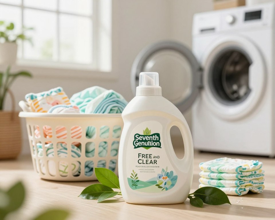 A beautifully arranged scene depicting eco-friendly laundry products, specifically a bottle of Seventh Generation Free and Clear plant-based detergents prominently in the foreground. The detergent bottle showcases its natural ingredients with a minimalist design, surrounded by green leaves and soft, eco-themed packaging. In the middle ground, a clean laundry basket filled with fresh, colorful cloth diapers adds a vibrant touch, suggesting cleanliness and sustainability. The background features a softly lit laundry room with large windows allowing natural sunlight to illuminate the space, creating a warm and inviting atmosphere. The lighting should be soft and diffused, accentuating the organic feel of the products. Overall, the image should evoke a sense of freshness, safety, and environmental consciousness. A beautifully arranged scene depicting eco-friendly laundry products, specifically a bottle of Seventh Generation Free and Clear plant-based detergents prominently in the foreground. The detergent bottle showcases its natural ingredients with a minimalist design, surrounded by green leaves and soft, eco-themed packaging. In the middle ground, a clean laundry basket filled with fresh, colorful cloth diapers adds a vibrant touch, suggesting cleanliness and sustainability. The background features a softly lit laundry room with large windows allowing natural sunlight to illuminate the space, creating a warm and inviting atmosphere. The lighting should be soft and diffused, accentuating the organic feel of the products. Overall, the image should evoke a sense of freshness, safety, and environmental consciousness.