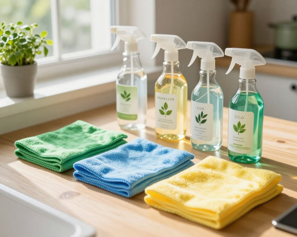 A beautifully arranged scene featuring environmentally friendly cleaning solutions on a kitchen counter. In the foreground, there are reusable microfiber cleaning wipes, showcasing their texture and vibrant colors—green, blue, and yellow. The middle ground highlights an array of eco-friendly cleaning sprays in elegant glass bottles, labeled with plant-based ingredients. The background presents a well-lit kitchen with natural sunlight streaming through a window, illuminating a wooden table and potted herbs, creating a warm and inviting atmosphere. The composition is captured from a slight overhead angle, evoking cleanliness and sustainability, while the overall mood is refreshing and hopeful, emphasizing a greener choice for household cleaning. A beautifully arranged scene featuring environmentally friendly cleaning solutions on a kitchen counter. In the foreground, there are reusable microfiber cleaning wipes, showcasing their texture and vibrant colors—green, blue, and yellow. The middle ground highlights an array of eco-friendly cleaning sprays in elegant glass bottles, labeled with plant-based ingredients. The background presents a well-lit kitchen with natural sunlight streaming through a window, illuminating a wooden table and potted herbs, creating a warm and inviting atmosphere. The composition is captured from a slight overhead angle, evoking cleanliness and sustainability, while the overall mood is refreshing and hopeful, emphasizing a greener choice for household cleaning.