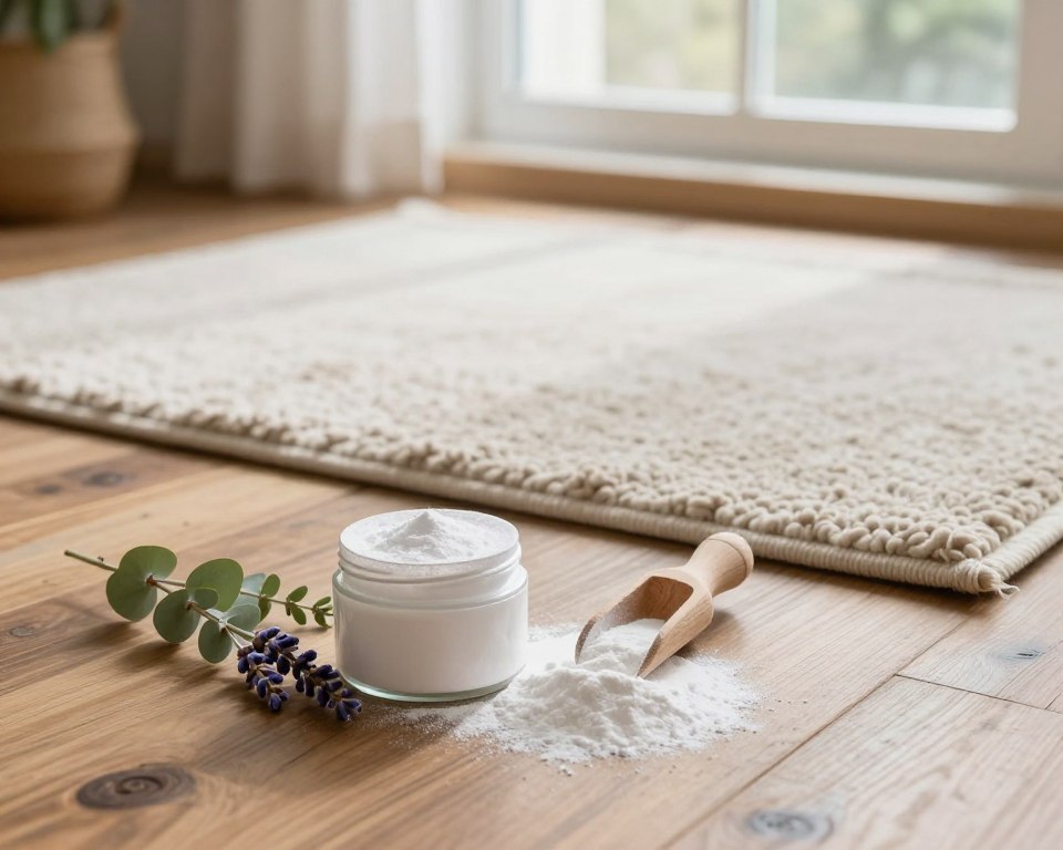A beautifully arranged scene showcasing a non-toxic rug deodorizer powder on a rustic wooden floor. In the foreground, a small, eco-friendly jar with a wooden scoop sits beside a scattering of the fine, white powder, accented with a few fresh herb sprigs like lavender and eucalyptus. In the middle ground, a plush, welcoming area rug softly textured, without any visible stains or odors, complements the setting, creating a warm, inviting atmosphere. In the background, gentle sunlight streams through a large window, casting soft, natural light that enhances the cozy ambiance of the room. The overall mood is fresh, clean, and reassuring, highlighting the safety and effectiveness of a non-toxic alternative for pet-friendly environments. A beautifully arranged scene showcasing a non-toxic rug deodorizer powder on a rustic wooden floor. In the foreground, a small, eco-friendly jar with a wooden scoop sits beside a scattering of the fine, white powder, accented with a few fresh herb sprigs like lavender and eucalyptus. In the middle ground, a plush, welcoming area rug softly textured, without any visible stains or odors, complements the setting, creating a warm, inviting atmosphere. In the background, gentle sunlight streams through a large window, casting soft, natural light that enhances the cozy ambiance of the room. The overall mood is fresh, clean, and reassuring, highlighting the safety and effectiveness of a non-toxic alternative for pet-friendly environments.