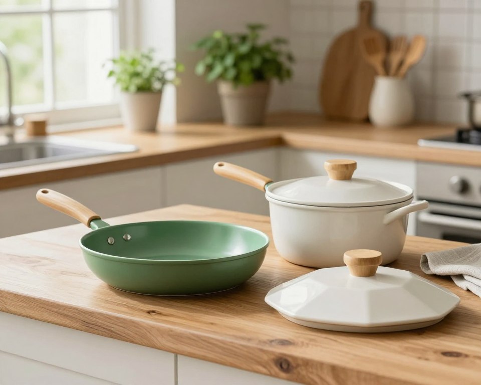 A beautifully arranged set of eco-friendly ceramic cookware displayed on a rustic wooden kitchen countertop. The cookware includes a vibrant green frying pan, a stylish white saucepan, and a unique geometric lid, showcasing their smooth, glossy finish and earthy colors. In the background, a soft-focus kitchen environment reveals potted herbs and natural light streaming in through a window, creating a warm and inviting atmosphere. The image captures the essence of sustainability with elements such as bamboo utensils and cloth napkins. The lighting is soft and natural, simulating a cozy cooking space. The perspective is slightly elevated, focusing on both the cookware and the inviting kitchen backdrop, emphasizing eco-friendliness and culinary harmony. A beautifully arranged set of eco-friendly ceramic cookware displayed on a rustic wooden kitchen countertop. The cookware includes a vibrant green frying pan, a stylish white saucepan, and a unique geometric lid, showcasing their smooth, glossy finish and earthy colors. In the background, a soft-focus kitchen environment reveals potted herbs and natural light streaming in through a window, creating a warm and inviting atmosphere. The image captures the essence of sustainability with elements such as bamboo utensils and cloth napkins. The lighting is soft and natural, simulating a cozy cooking space. The perspective is slightly elevated, focusing on both the cookware and the inviting kitchen backdrop, emphasizing eco-friendliness and culinary harmony.