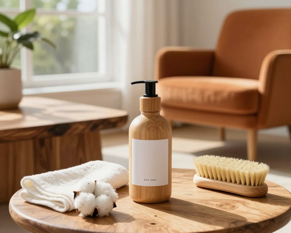 A beautifully arranged still life showcasing eco-friendly furniture polish. In the foreground, a sleek, natural wood polish bottle, elegantly designed with a minimalist label, stands on a wooden table, surrounded by plush cotton cloth and natural bristle brushes. The middle ground features a variety of polished wood surfaces, such as a rustic coffee table and a vibrant accent chair, highlighting the natural grains and sheen brought out by the polish. In the background, diffuse sunlight streams through a large window, casting soft shadows and creating a warm, inviting atmosphere. The scene emphasizes sustainability and cleanliness, with plants visible outside the window, suggesting a connection to nature. The overall mood is fresh and eco-conscious, evoking a sense of comfort and care for the environment. A beautifully arranged still life showcasing eco-friendly furniture polish. In the foreground, a sleek, natural wood polish bottle, elegantly designed with a minimalist label, stands on a wooden table, surrounded by plush cotton cloth and natural bristle brushes. The middle ground features a variety of polished wood surfaces, such as a rustic coffee table and a vibrant accent chair, highlighting the natural grains and sheen brought out by the polish. In the background, diffuse sunlight streams through a large window, casting soft shadows and creating a warm, inviting atmosphere. The scene emphasizes sustainability and cleanliness, with plants visible outside the window, suggesting a connection to nature. The overall mood is fresh and eco-conscious, evoking a sense of comfort and care for the environment.