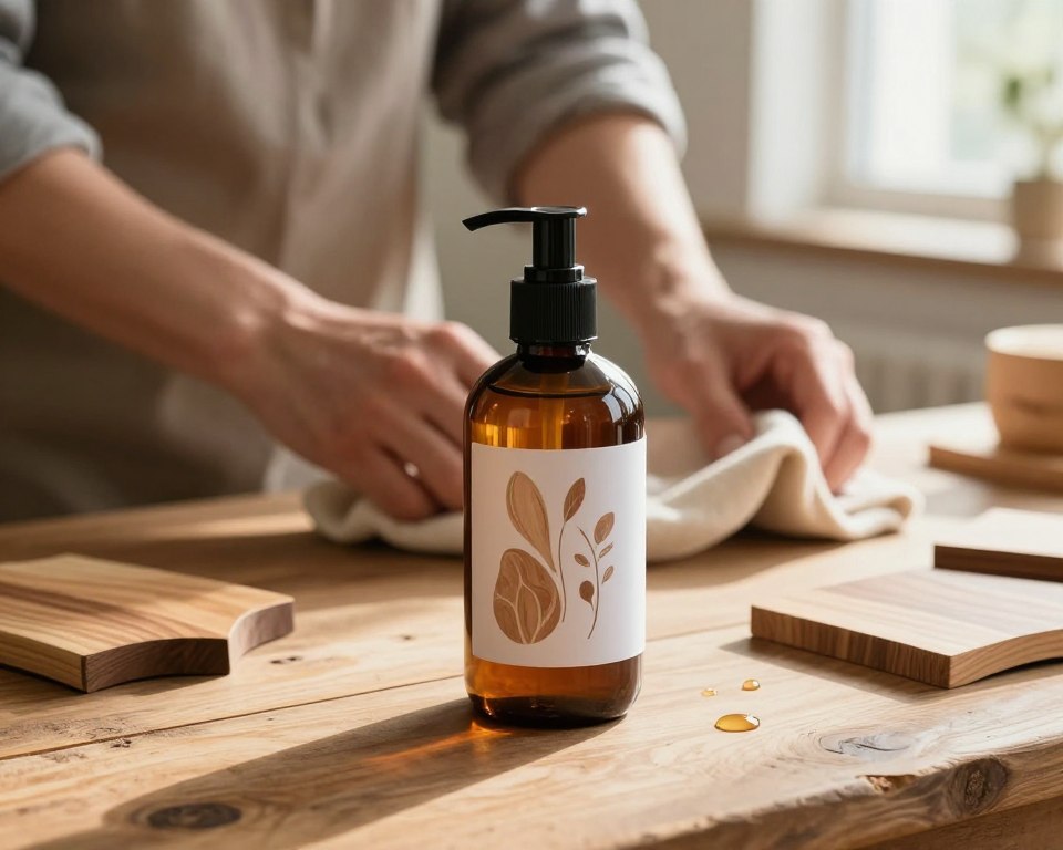 A beautifully crafted bottle of chemical-free wood polish sits on a rustic wooden table, surrounded by natural elements like polished wood samples and a few drops of the polish glistening in the soft light. The foreground features the sleek design of the bottle, showcasing organic motifs and an eco-friendly label without any text. In the middle, an artisan’s hands, dressed in casual but neat clothing, hold a cloth ready for application, emphasizing the DIY aspect. The background includes hints of a cozy workshop, with sunlight streaming through a window, casting warm, inviting shadows that enhance a calm and natural atmosphere. The overall mood is serene and wholesome, celebrating sustainable crafting in a bright yet soothing environment. A beautifully crafted bottle of chemical-free wood polish sits on a rustic wooden table, surrounded by natural elements like polished wood samples and a few drops of the polish glistening in the soft light. The foreground features the sleek design of the bottle, showcasing organic motifs and an eco-friendly label without any text. In the middle, an artisan’s hands, dressed in casual but neat clothing, hold a cloth ready for application, emphasizing the DIY aspect. The background includes hints of a cozy workshop, with sunlight streaming through a window, casting warm, inviting shadows that enhance a calm and natural atmosphere. The overall mood is serene and wholesome, celebrating sustainable crafting in a bright yet soothing environment.