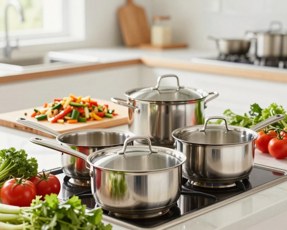 A beautifully organized kitchen scene showcasing the health benefits of cooking with stainless steel cookware. In the foreground, a set of shiny, stainless steel pots and pans, reflecting light beautifully, with fresh vegetables and herbs nearby, emphasizing their freshness and health properties. In the middle, a countertop with a cutting board, highlighting the preparation of a healthy meal, such as a colorful stir-fry, demonstrating the practical use of the cookware. In the background, soft, natural light streams through a window, creating a warm and inviting atmosphere. Capture the scene from a slightly elevated angle to provide depth, with vibrant colors that evoke a sense of healthiness and vitality, ensuring the mood is cheerful and inspiring.