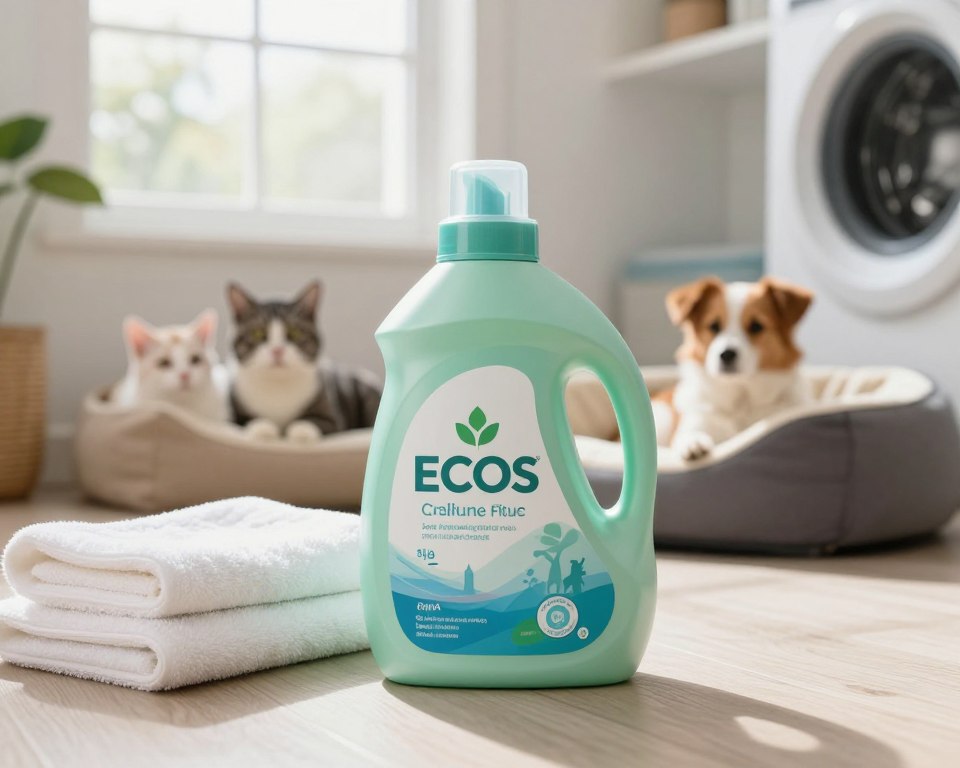 A bottle of ECOS laundry detergent prominently displayed in the foreground, designed with a sleek, eco-friendly appearance that includes soft green and blue hues. Surrounding the bottle, a clean, welcoming laundry room scene includes fluffy towels and a cozy pet bed in the middle ground. In the background, there are playful cats and dogs lounging comfortably, showcasing a home that prioritizes pet safety. Soft, natural light filters through a nearby window, casting a warm glow that enhances the inviting atmosphere. The angle is slightly tilted to create an engaging perspective without clutter, evoking a sense of harmony between cleanliness and pet-friendly living. A bottle of ECOS laundry detergent prominently displayed in the foreground, designed with a sleek, eco-friendly appearance that includes soft green and blue hues. Surrounding the bottle, a clean, welcoming laundry room scene includes fluffy towels and a cozy pet bed in the middle ground. In the background, there are playful cats and dogs lounging comfortably, showcasing a home that prioritizes pet safety. Soft, natural light filters through a nearby window, casting a warm glow that enhances the inviting atmosphere. The angle is slightly tilted to create an engaging perspective without clutter, evoking a sense of harmony between cleanliness and pet-friendly living.