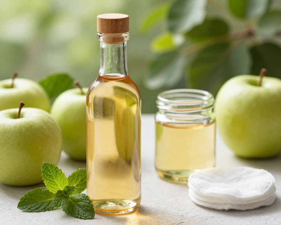 A bottle of apple cider vinegar with a rustic wooden cap is placed prominently in the foreground, its amber liquid reflecting warm light. Surrounding the bottle are fresh apples and a sprig of mint, emphasizing the natural ingredients. In the middle ground, a small glass jar with a lid, containing a DIY apple cider vinegar toner blend, sits next to a clean cotton pad. The background features softly blurred green leaves and out-of-focus greenery, creating an organic, inviting atmosphere. Natural sunlight filters through, casting a soft glow that highlights the textures and colors, enhancing the sense of freshness and purity. The overall mood is soothing and wholesome, perfect for illustrating skincare benefits.