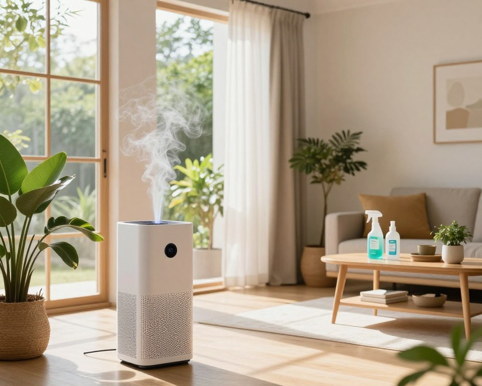 A bright, airy indoor space focused on improving air quality, featuring a modern living room with large windows allowing sunlight to pour in. In the foreground, a stylish air purifier emits gentle wisps of clean air, while potted plants add a touch of nature and freshness. The middle ground showcases a well-ventilated area with an open window, Where soft curtains flutter delicately, enhancing the sense of airflow. The background reveals a cozy couch and a coffee table adorned with eco-friendly cleaning products. The lighting is warm and natural, creating an inviting atmosphere. The mood is calm and rejuvenating, reflecting the positive effects of good ventilation on indoor air quality. The scene is devoid of any human figures, focusing solely on the environment.