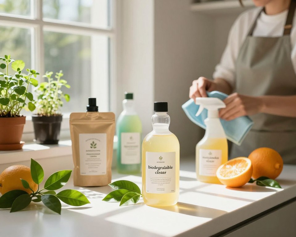 A bright, airy kitchen scene featuring a variety of plant-based surfactants displayed in eco-friendly packaging. In the foreground, a bottle labeled 'biodegradable cleaner' sits on a clean countertop, surrounded by fresh green leaves and citrus fruits. The middle ground includes a window with sunlight streaming in, illuminating a small indoor herb garden, emphasizing the natural aspect of cleaning products. Soft shadows are cast, creating a welcoming atmosphere. In the background, a person dressed in professional attire diligently cleans a surface with a microfiber cloth, showcasing a commitment to sustainability. The overall mood is fresh, vibrant, and eco-conscious, capturing the essence of natural cleaning. Use warm, natural lighting to enhance the inviting feel of the scene. A bright, airy kitchen scene featuring a variety of plant-based surfactants displayed in eco-friendly packaging. In the foreground, a bottle labeled 'biodegradable cleaner' sits on a clean countertop, surrounded by fresh green leaves and citrus fruits. The middle ground includes a window with sunlight streaming in, illuminating a small indoor herb garden, emphasizing the natural aspect of cleaning products. Soft shadows are cast, creating a welcoming atmosphere. In the background, a person dressed in professional attire diligently cleans a surface with a microfiber cloth, showcasing a commitment to sustainability. The overall mood is fresh, vibrant, and eco-conscious, capturing the essence of natural cleaning. Use warm, natural lighting to enhance the inviting feel of the scene.