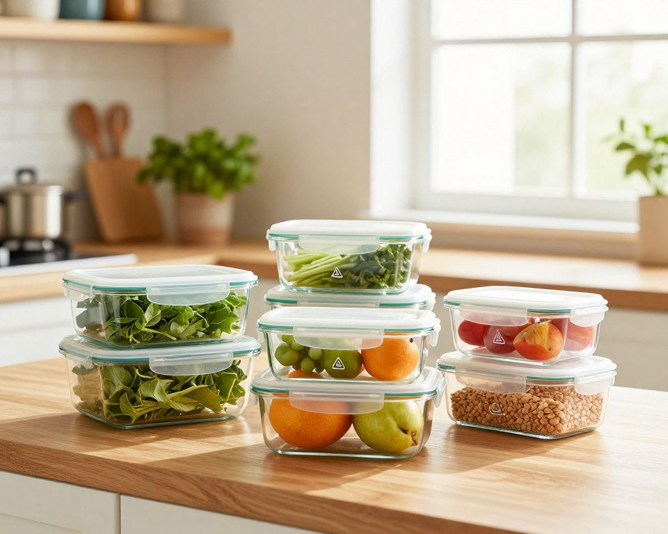 A bright and airy kitchen setting, illuminated by natural light streaming through a window. In the foreground, a wooden countertop displays several glass food storage containers with vibrant, fresh produce like leafy greens, colorful fruits, and whole grains. Each container is clearly labeled with safe, BPA-free symbols, emphasizing healthy choices. In the middle ground, a few plastic containers can be seen with a subtle warning icon, symbolizing potential hormone-related concerns. The background features shelves with potted herbs and cooking utensils, creating a warm, inviting atmosphere. The image should capture a sense of health and safety, inviting viewers to consider their food storage alternatives. A soft-focus lens effect adds a touch of warmth to the scene. A bright and airy kitchen setting, illuminated by natural light streaming through a window. In the foreground, a wooden countertop displays several glass food storage containers with vibrant, fresh produce like leafy greens, colorful fruits, and whole grains. Each container is clearly labeled with safe, BPA-free symbols, emphasizing healthy choices. In the middle ground, a few plastic containers can be seen with a subtle warning icon, symbolizing potential hormone-related concerns. The background features shelves with potted herbs and cooking utensils, creating a warm, inviting atmosphere. The image should capture a sense of health and safety, inviting viewers to consider their food storage alternatives. A soft-focus lens effect adds a touch of warmth to the scene.