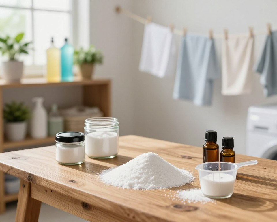 A bright and airy laundry room bathed in natural light, showcasing a rustic wooden table in the foreground laden with various natural laundry ingredients. In the center, a half-open container of baking soda, surrounded by small jars of essential oils, and a measuring cup, creating an inviting DIY atmosphere. In the background, a neatly organized shelf displays eco-friendly cleaning supplies, plants, and a clothesline hanging fresh linens. The overall mood is fresh and wholesome, evoking a sense of cleanliness and sustainability. Soft morning light streams in through a window, casting gentle shadows, while the camera angle focuses on a slight overhead perspective, highlighting the combination of baking soda and natural laundry elements, emphasizing the theme of safety in septic systems.