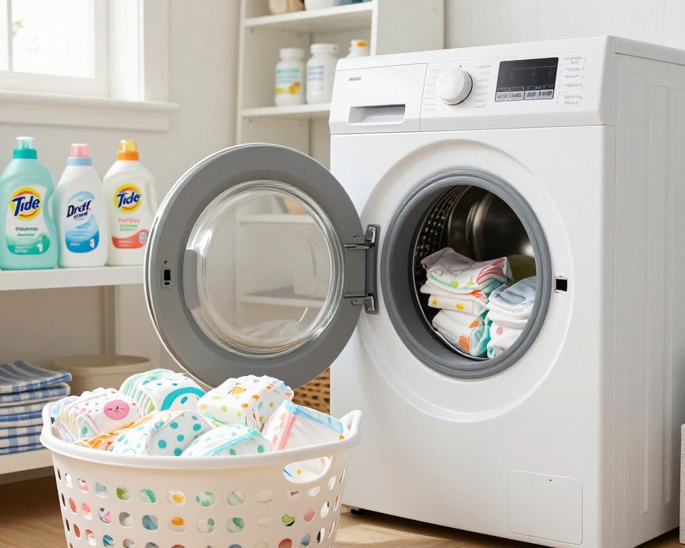 A bright and airy laundry room setting focused on the art of cleaning cloth diapers. In the foreground, a neatly arranged laundry basket overflowing with colorful, freshly washed cloth diapers, displaying various patterns like polka dots and animals. In the middle, a sleek washing machine with an open door, revealing a load of clean bedding alongside the diapers, showcasing the contrast between the vibrant fabrics and the white sheets. The background features shelves filled with eco-friendly detergents, such as Dreft Stage 1 and Tide Free & Gentle bottles. Soft natural light filters in through a small window, creating a warm, inviting atmosphere. The overall mood is fresh and organized, emphasizing cleanliness and care in laundry practices, suitable for a baby’s sensitive skin. A bright and airy laundry room setting focused on the art of cleaning cloth diapers. In the foreground, a neatly arranged laundry basket overflowing with colorful, freshly washed cloth diapers, displaying various patterns like polka dots and animals. In the middle, a sleek washing machine with an open door, revealing a load of clean bedding alongside the diapers, showcasing the contrast between the vibrant fabrics and the white sheets. The background features shelves filled with eco-friendly detergents, such as Dreft Stage 1 and Tide Free & Gentle bottles. Soft natural light filters in through a small window, creating a warm, inviting atmosphere. The overall mood is fresh and organized, emphasizing cleanliness and care in laundry practices, suitable for a baby’s sensitive skin.