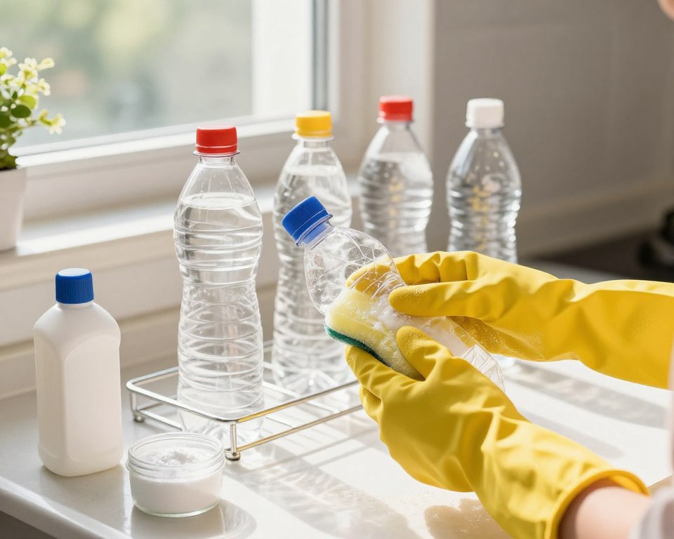 A bright and clean kitchen environment showcasing best practices for cleaning and maintaining reusable plastic bottles. In the foreground, a pair of hands clad in yellow dish gloves is scrubbing a transparent plastic bottle with a soft sponge, surrounded by eco-friendly cleaning supplies like vinegar and baking soda. The middle ground features a drying rack with several bottles standing upright, glistening under warm, natural light. In the background, a window allows sunlight to flood the scene, casting gentle shadows and creating a fresh, inviting atmosphere. The composition emphasizes hygiene and sustainability, with an overall mood of care and attention to cleanliness in an organized setting.