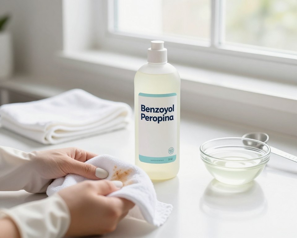 A bright and clean kitchen setting featuring a bottle of benzoyl peroxide prominently displayed as the central focus. In the foreground, a pair of gloved hands holds a white fabric with visible stains, ready for cleaning. In the middle ground, a countertop with a cloth and a small bowl filled with benzoyl peroxide solution, along with measuring spoons, adds context to the fabric cleaning process. The background showcases a sunlit window with soft, diffused light illuminating the scene, conveying a clean and refreshing atmosphere. The angle of the shot is slightly above the countertop level, emphasizing the cleaning action while keeping the focus on the materials and their application. The overall mood is bright, professional, and focused on effective cleaning methods with benzoyl peroxide.