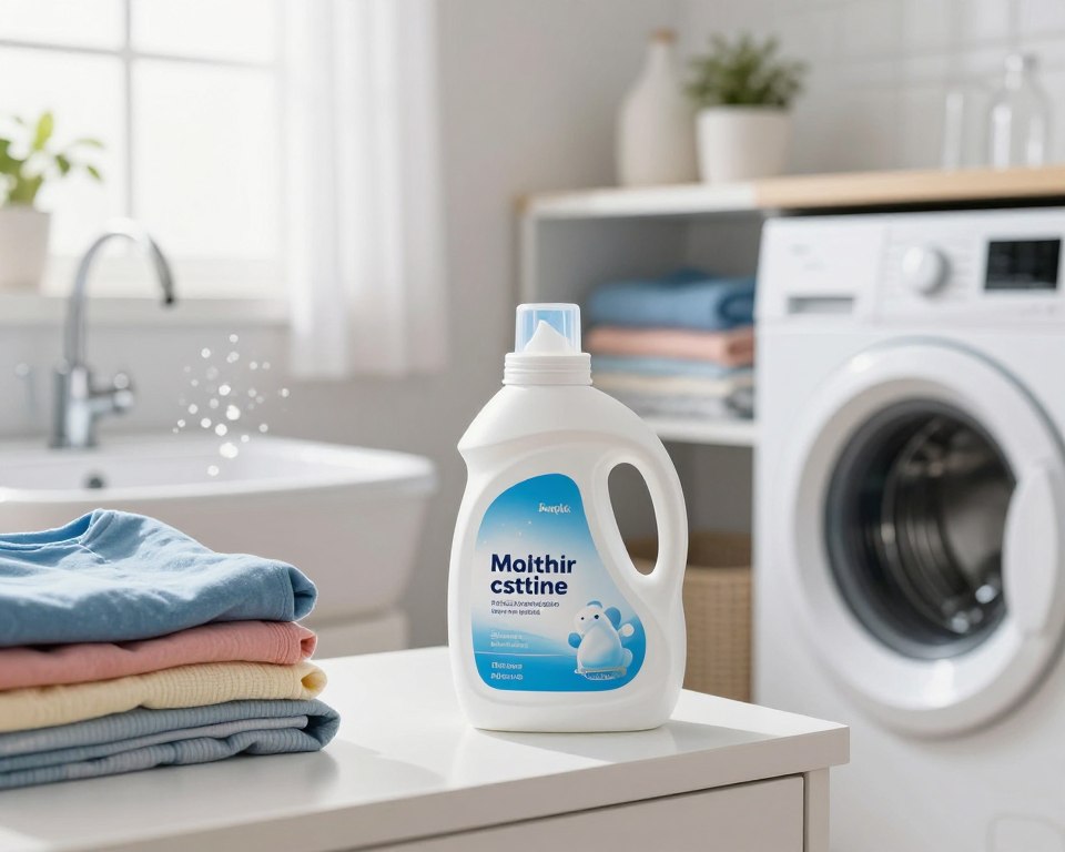 A bright and clean laundry room filled with natural light, showcasing a stylish washing machine and neatly organized shelves. In the foreground, focus on a bottle of laundry sanitizer additive with a sleek design, positioned prominently next to a stack of freshly folded, colorful clothes. The middle ground features a water basin with bubbles gently rising, emphasizing cleanliness and freshness. In the background, a window with sheer curtains allows sunlight to filter in, enhancing the bright atmosphere. The scene conveys a sense of order and sanitation, with a soft, inviting color palette of blues and whites, creating a feeling of freshness and cleanliness. The lighting is warm and inviting, highlighting the textures of the fabric and the product. A bright and clean laundry room filled with natural light, showcasing a stylish washing machine and neatly organized shelves. In the foreground, focus on a bottle of laundry sanitizer additive with a sleek design, positioned prominently next to a stack of freshly folded, colorful clothes. The middle ground features a water basin with bubbles gently rising, emphasizing cleanliness and freshness. In the background, a window with sheer curtains allows sunlight to filter in, enhancing the bright atmosphere. The scene conveys a sense of order and sanitation, with a soft, inviting color palette of blues and whites, creating a feeling of freshness and cleanliness. The lighting is warm and inviting, highlighting the textures of the fabric and the product.