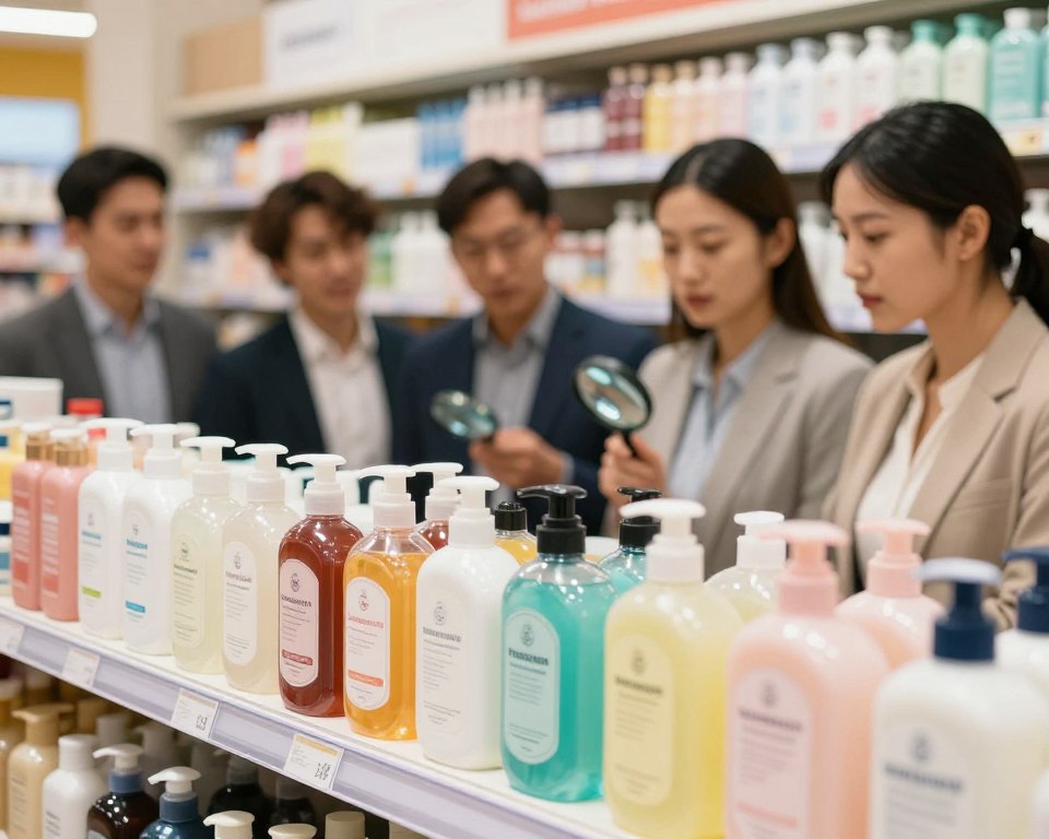 A bright and informative scene showcasing a diverse selection of hand soaps displayed on a clean, well-lit retail shelf. In the foreground, a focus on various bottles labeled clearly as containing antibacterial ingredients, featuring distinct designs and colors, with emphasis on one prominently labeled 'Triclosan.' The middle ground features a diverse group of attentive consumers, including both men and women in professional attire, examining the bottles closely, some holding magnifying glasses to read the fine print. In the background, soft-focus shelves filled with personal care products hint at a wide range of options. The lighting is warm and inviting, creating a sense of curiosity and engagement, while the overall atmosphere is educational and encouraging, promoting informed consumer choices. A bright and informative scene showcasing a diverse selection of hand soaps displayed on a clean, well-lit retail shelf. In the foreground, a focus on various bottles labeled clearly as containing antibacterial ingredients, featuring distinct designs and colors, with emphasis on one prominently labeled 'Triclosan.' The middle ground features a diverse group of attentive consumers, including both men and women in professional attire, examining the bottles closely, some holding magnifying glasses to read the fine print. In the background, soft-focus shelves filled with personal care products hint at a wide range of options. The lighting is warm and inviting, creating a sense of curiosity and engagement, while the overall atmosphere is educational and encouraging, promoting informed consumer choices.