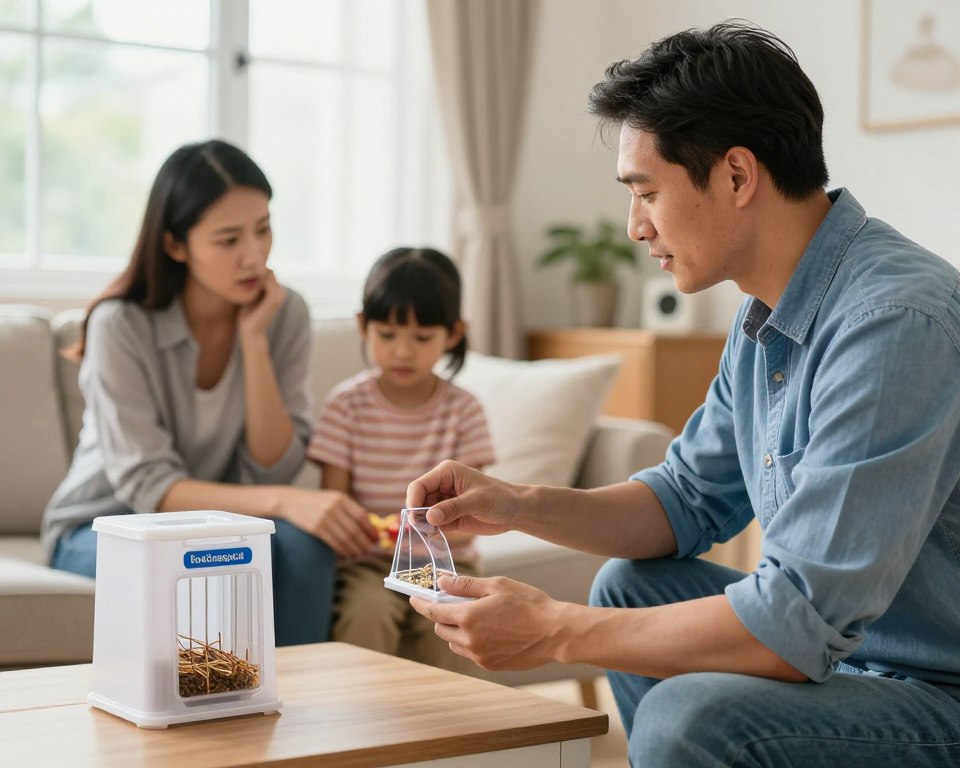 A bright and inviting family home interior, showcasing a professional pest control expert in smart casual attire, demonstrating how to safely use a rodent bait station. In the foreground, he confidently holds a bait station while explaining its safety features to a concerned parent, who looks reassured. In the middle, a child is playing nearby, completely safe as the bait station is strategically placed out of reach. The background features a tidy living room with soft lighting filtering through the window, creating a warm atmosphere. Use a natural lens angle to capture the interaction, emphasizing the professionalism of the pest control expert and the family-friendly environment. The overall mood is calm and informative, highlighting safety in pest control solutions.