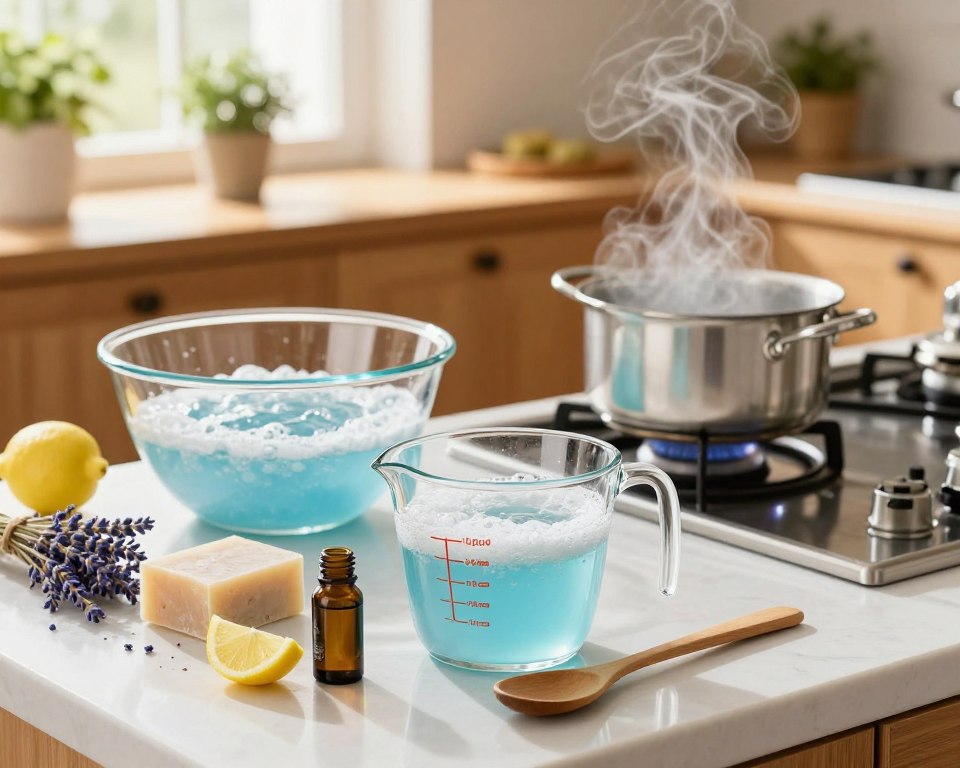 A bright and inviting kitchen scene featuring a countertop set up for creating liquid homemade laundry detergent. In the foreground, a clear glass measuring cup filled with a bubbly, light blue mixture of soap, water, and pure essential oils sits next to a wooden spoon. A bar of soap and a box of washing soda lie nearby, accompanied by loose lavender and lemon peels for a decorative touch. In the middle, a large, mixing bowl is half-filled with the ingredients, while a small pot on a stove simmers with water, emitting delicate steam. The background showcases warm wooden cabinets and potted plants, with sunlight streaming in through a nearby window, creating a cheerful, homely atmosphere. The image should convey a sense of practicality and creativity in natural home care. A bright and inviting kitchen scene featuring a countertop set up for creating liquid homemade laundry detergent. In the foreground, a clear glass measuring cup filled with a bubbly, light blue mixture of soap, water, and pure essential oils sits next to a wooden spoon. A bar of soap and a box of washing soda lie nearby, accompanied by loose lavender and lemon peels for a decorative touch. In the middle, a large, mixing bowl is half-filled with the ingredients, while a small pot on a stove simmers with water, emitting delicate steam. The background showcases warm wooden cabinets and potted plants, with sunlight streaming in through a nearby window, creating a cheerful, homely atmosphere. The image should convey a sense of practicality and creativity in natural home care.