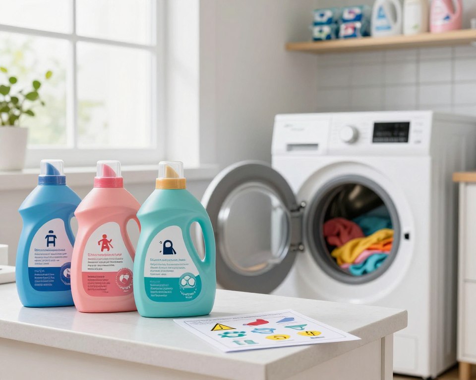 A bright and inviting laundry room scene featuring a beautifully organized countertop with various bottles of colorful laundry detergent, neatly labeled for safety. In the foreground, an illustrated safety tip sheet is prominently displayed, showcasing symbols like a child lock, warning icons, and safe storage practices. The middle ground features a modern washing machine with an open door, revealing a load of brightly colored laundry. Natural light streams in through a window, creating a warm and cheerful atmosphere. In the background, shelves are stocked with detergent pods and fabric softeners, all arranged neatly. The overall mood conveys cleanliness and safety, promoting a responsible home environment with a focus on preventing laundry detergent overdosing.