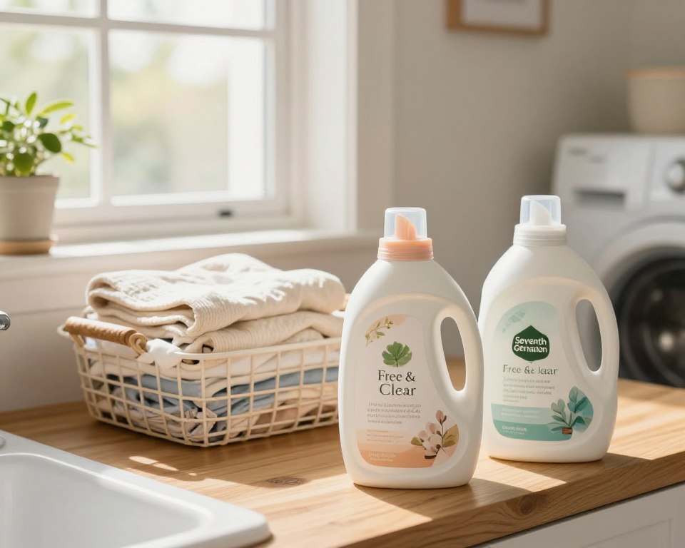 A bright and inviting laundry room scene showcasing a variety of eco-friendly laundry detergents designed for sensitive skin. In the foreground, two bottles labeled "Free & Clear" and "Seventh Generation" are prominently displayed on a wooden countertop, with gentle, soft labels featuring natural imagery. In the middle ground, a basket filled with freshly washed, folded clothes made from organic cotton is neatly arranged. The background features a large window allowing warm, natural light to filter in, illuminating the room with a serene atmosphere. Potted plants enhance the eco-friendly vibe. The overall color scheme is soft pastels, evoking a sense of calmness and cleanliness, with a focus on texture and simplicity. The perspective is slightly above eye level, capturing the entire scene in a cozy, homey setting.