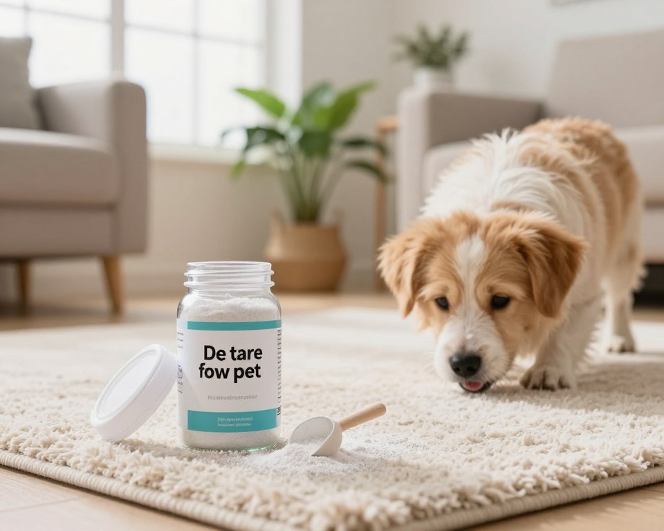 A bright and inviting living room scene featuring a container of rug deodorizer powder that is marked as safe for pets. In the foreground, the powder jar is open, and a small scoop rests next to it, with a light dusting of powder visible on a plush area rug. In the middle ground, a fluffy, curious dog sniffs the rug with a playful expression, complementing the product’s pet-friendly aspect. The background shows a well-lit room with soft natural light filtering through a window, illuminating green plants and cozy furniture, creating a clean and fresh atmosphere. Use a shallow depth of field to focus on the deodorizer while softly blurring the background to enhance the subject's importance. A bright and inviting living room scene featuring a container of rug deodorizer powder that is marked as safe for pets. In the foreground, the powder jar is open, and a small scoop rests next to it, with a light dusting of powder visible on a plush area rug. In the middle ground, a fluffy, curious dog sniffs the rug with a playful expression, complementing the product’s pet-friendly aspect. The background shows a well-lit room with soft natural light filtering through a window, illuminating green plants and cozy furniture, creating a clean and fresh atmosphere. Use a shallow depth of field to focus on the deodorizer while softly blurring the background to enhance the subject's importance.