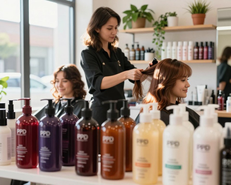 A bright and inviting salon setting showcasing a variety of non-PPD hair color products. In the foreground, neatly arranged bottles of natural hair dye in vibrant shades of deep auburn, rich chestnut, and soft blonde, reflecting a commitment to safe alternatives. The middle ground features a hair stylist in professional attire, skillfully applying color on a client's hair. The client, an individual with medium-length hair, appears relaxed and happy, embodying a sense of satisfaction. Natural sunlight streams through large windows, creating warm highlights in the hair colors. In the background, shelves filled with potted plants and additional hair care products enhance the atmosphere of a wholesome hair care experience. The overall mood is informative yet cheerful, emphasizing the appeal of non-PPD options.