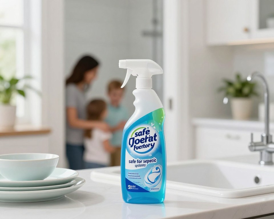 A bright, clean kitchen environment features a bottle of toilet cleaner gel prominently in the foreground, showcasing its colorful packaging with the label clearly indicating "safe for septic systems." Surrounding the bottle are sparkling dishes and a clean sink, conveying a fresh and hygienic atmosphere. In the middle ground, a family-friendly bathroom scene can be seen through an open door, with subtle hints of greenery from a potted plant nearby for a natural touch. The background is softly blurred, emphasizing the cleaner gel and creating depth in the composition. The lighting is bright and inviting, mimicking natural sunlight, enhancing the sense of cleanliness and safety. The mood is cheerful and reassuring, aimed at encouraging confidence in the product's use with septic systems. A bright, clean kitchen environment features a bottle of toilet cleaner gel prominently in the foreground, showcasing its colorful packaging with the label clearly indicating "safe for septic systems." Surrounding the bottle are sparkling dishes and a clean sink, conveying a fresh and hygienic atmosphere. In the middle ground, a family-friendly bathroom scene can be seen through an open door, with subtle hints of greenery from a potted plant nearby for a natural touch. The background is softly blurred, emphasizing the cleaner gel and creating depth in the composition. The lighting is bright and inviting, mimicking natural sunlight, enhancing the sense of cleanliness and safety. The mood is cheerful and reassuring, aimed at encouraging confidence in the product's use with septic systems.